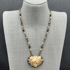 Sweet Romance Necklace Carved Rose Pendant Rhinestone Pearl Gold Tone Made USA